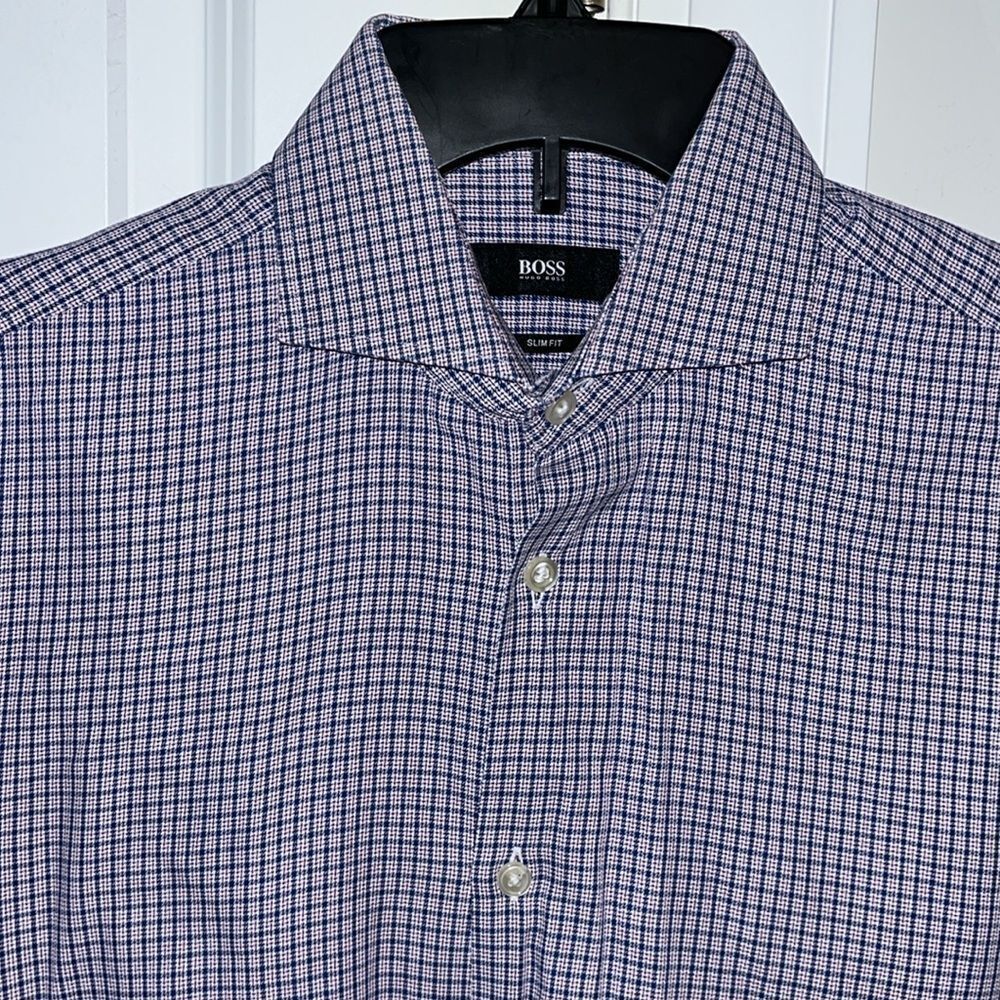 Blue Purple Plaid Check Hugo Boss Dress Shirt 15 1/2 x32/33 SlimFit swept Collar